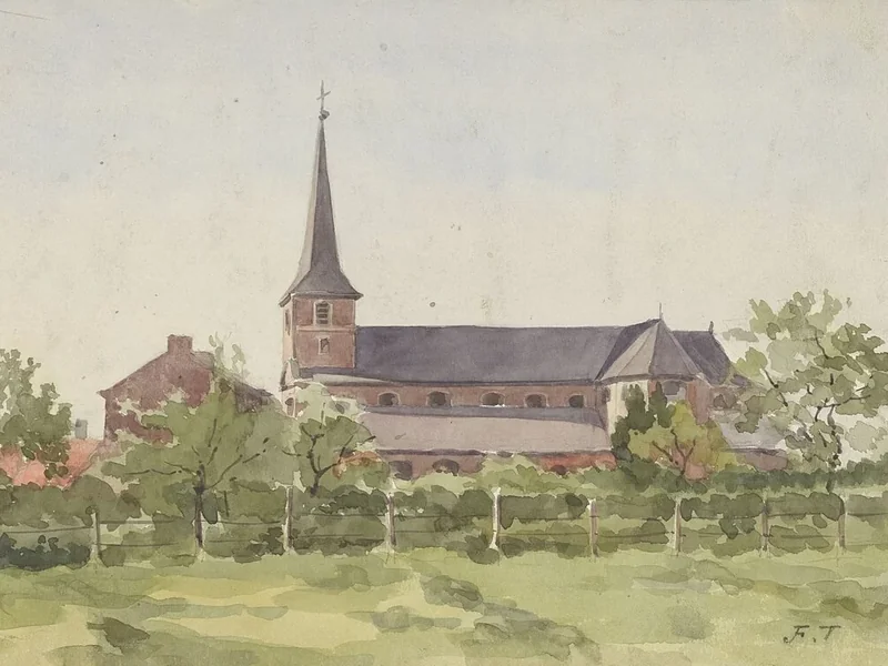 1851-Jean-François Taelemans - La chiesa del villaggio vista dal lato destro, dietro una siepe che la delimita